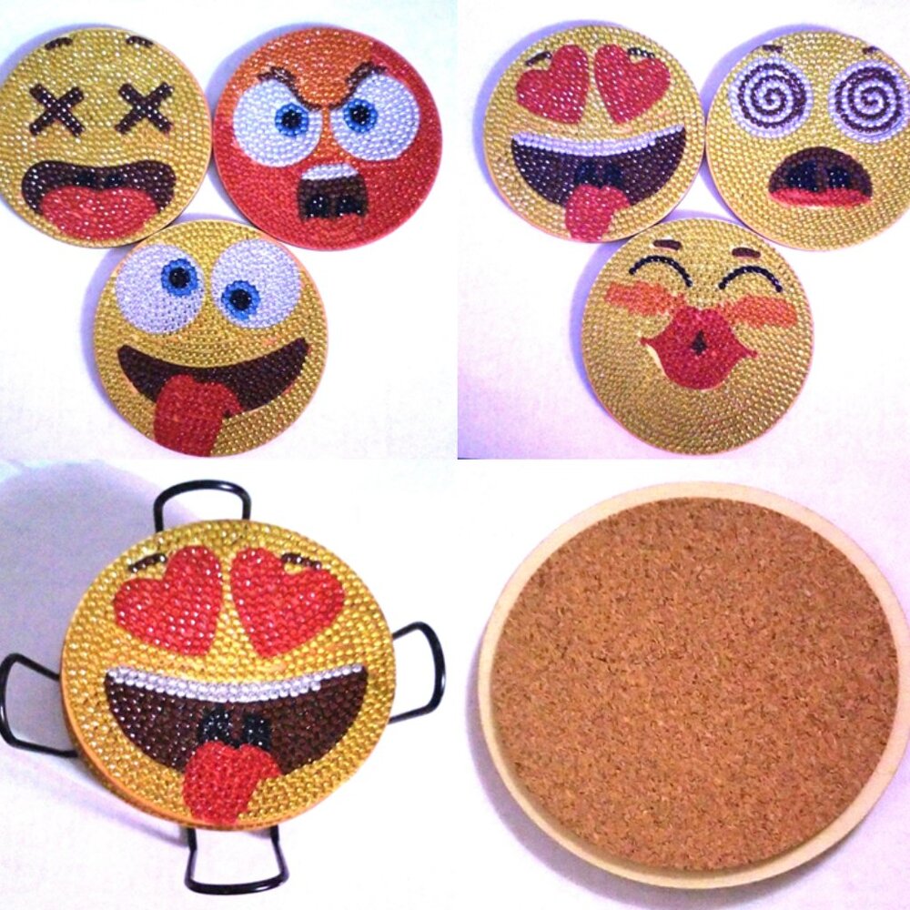 Emoji Face Round Coasters - Yellow Beaded Smile Design